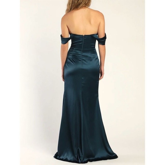 NWT Lulus Women's Stunning Arrival Teal Satin Off-The-Shoulder Maxi Dress XS - Picture 3 of 10
